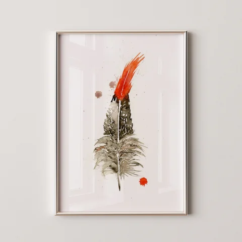 Image of a feather watercolor painting by Shayna Larsen, originals & prints available