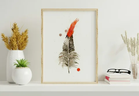 Image of a feather watercolor painting by Shayna Larsen, originals & prints available