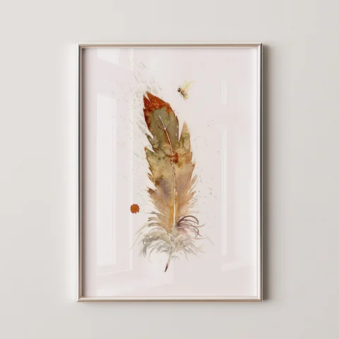 Image of a feather watercolor painting by Shayna Larsen, originals & prints available