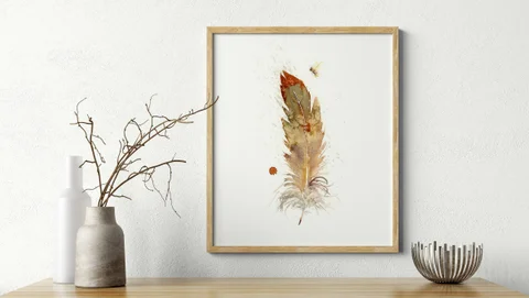 Image of a feather watercolor painting by Shayna Larsen, originals & prints available