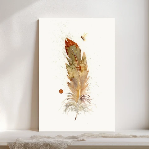 Image of a feather watercolor painting by Shayna Larsen, originals & prints available