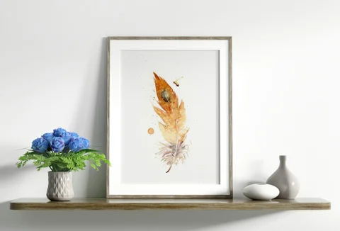 Image of a feather watercolor painting by Shayna Larsen, originals & prints available