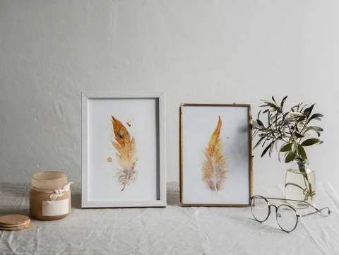 Image of a feather watercolor painting by Shayna Larsen, originals & prints available