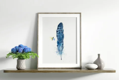 Image of a feather watercolor painting by Shayna Larsen, originals & prints available
