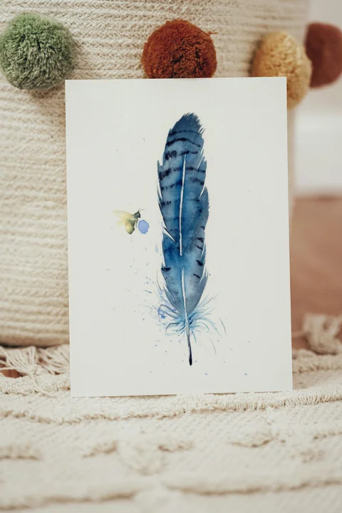 Image of a feather watercolor painting by Shayna Larsen, originals & prints available