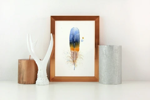 Image of a feather watercolor painting by Shayna Larsen, originals & prints available