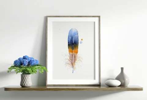 Image of a feather watercolor painting by Shayna Larsen, originals & prints available
