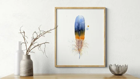 Image of a feather watercolor painting by Shayna Larsen, originals & prints available