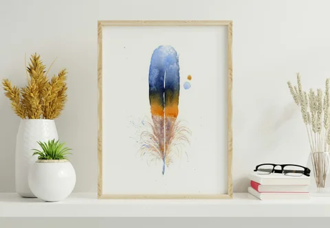 Image of a feather watercolor painting by Shayna Larsen, originals & prints available