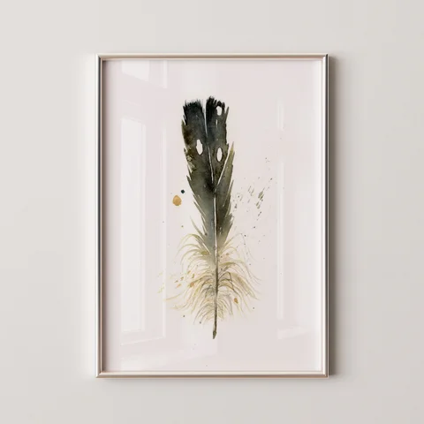 Image of a feather watercolor painting by Shayna Larsen, originals & prints available