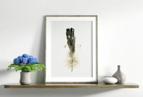 Image of a feather watercolor painting by Shayna Larsen, originals & prints available