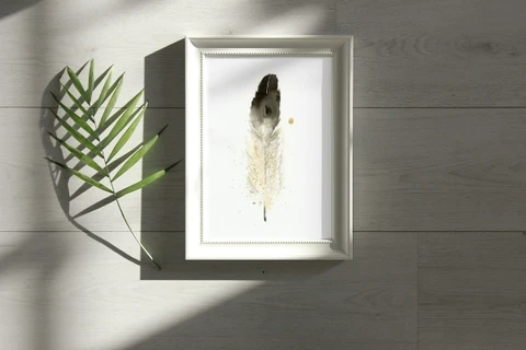 Image of a feather watercolor painting by Shayna Larsen, originals & prints available