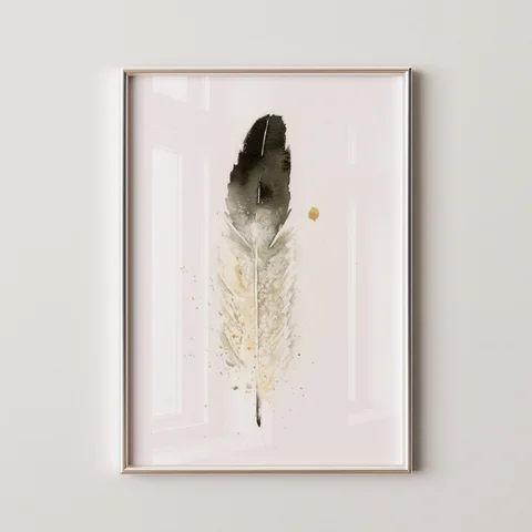 Image of a feather watercolor painting by Shayna Larsen, originals & prints available