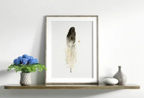 Image of a feather watercolor painting by Shayna Larsen, originals & prints available