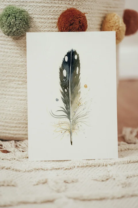 Image of a feather watercolor painting by Shayna Larsen, originals & prints available
