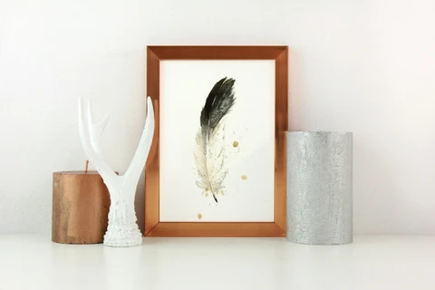 Image of a feather watercolor painting by Shayna Larsen, originals & prints available