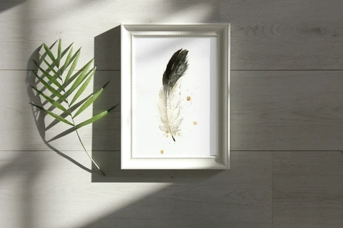 Image of a feather watercolor painting by Shayna Larsen, originals & prints available