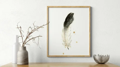 Image of a feather watercolor painting by Shayna Larsen, originals & prints available