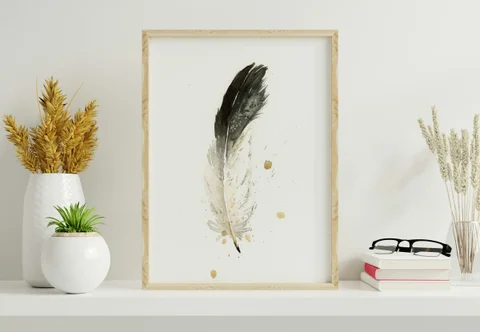 Image of a feather watercolor painting by Shayna Larsen, originals & prints available