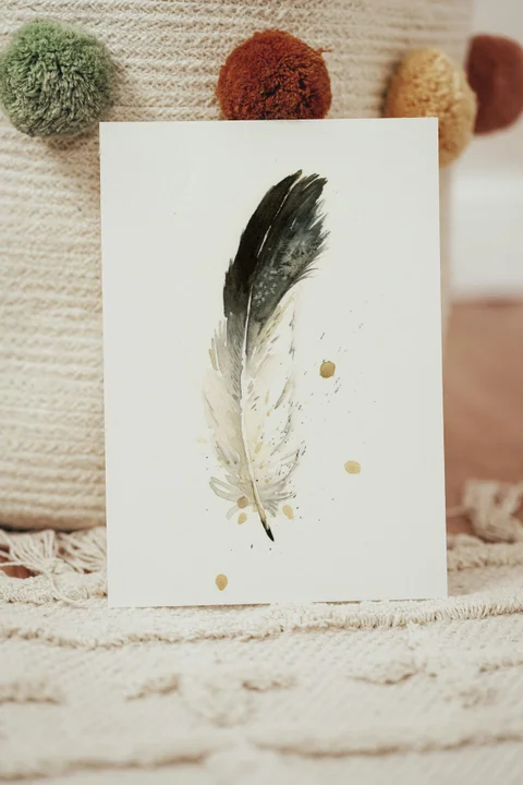 Image of a feather watercolor painting by Shayna Larsen, originals & prints available