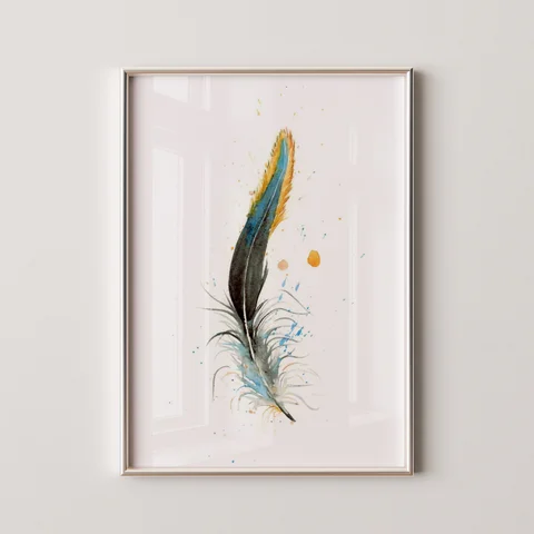 Image of a feather watercolor painting by Shayna Larsen, originals & prints available
