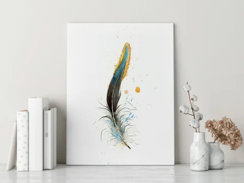 Image of a feather watercolor painting by Shayna Larsen, originals & prints available