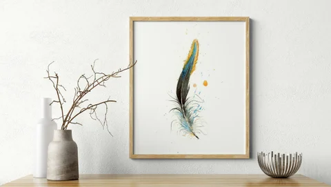 Image of a feather watercolor painting by Shayna Larsen, originals & prints available
