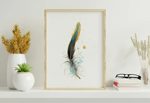 Image of a feather watercolor painting by Shayna Larsen, originals & prints available
