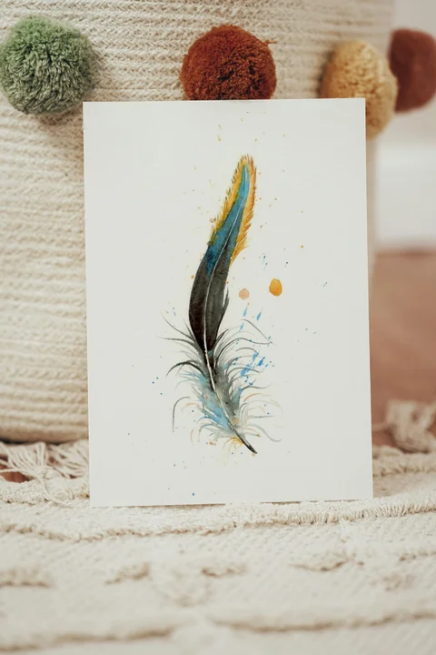 Image of a feather watercolor painting by Shayna Larsen, originals & prints available