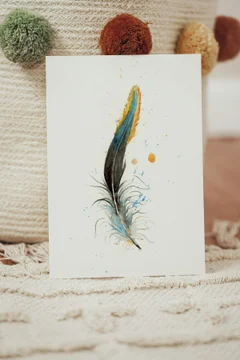 Image of a feather watercolor painting by Shayna Larsen, originals & prints available