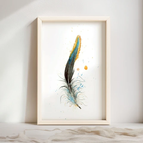 Image of a feather watercolor painting by Shayna Larsen, originals & prints available