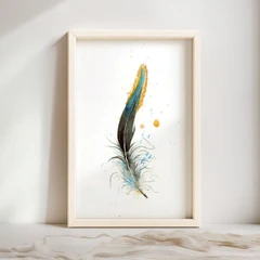 Image of a feather watercolor painting by Shayna Larsen, originals & prints available