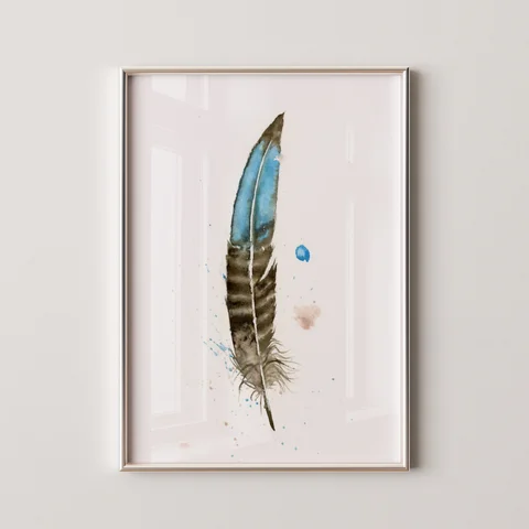 Image of a feather watercolor painting by Shayna Larsen, originals & prints available