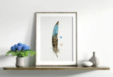 Image of a feather watercolor painting by Shayna Larsen, originals & prints available