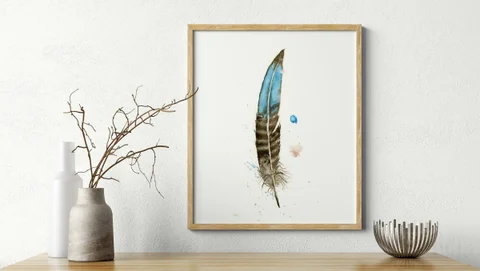 Image of a feather watercolor painting by Shayna Larsen, originals & prints available