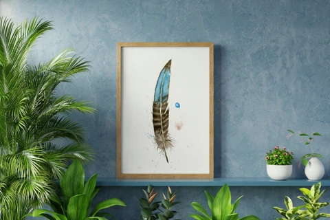 Image of a feather watercolor painting by Shayna Larsen, originals & prints available