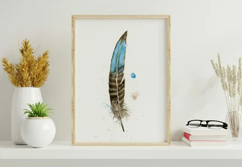 Image of a feather watercolor painting by Shayna Larsen, originals & prints available