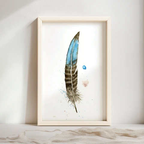 Image of a feather watercolor painting by Shayna Larsen, originals & prints available
