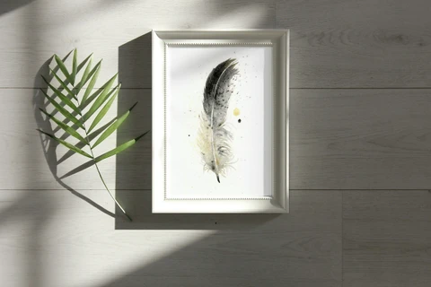 Image of a feather watercolor painting by Shayna Larsen, originals & prints available