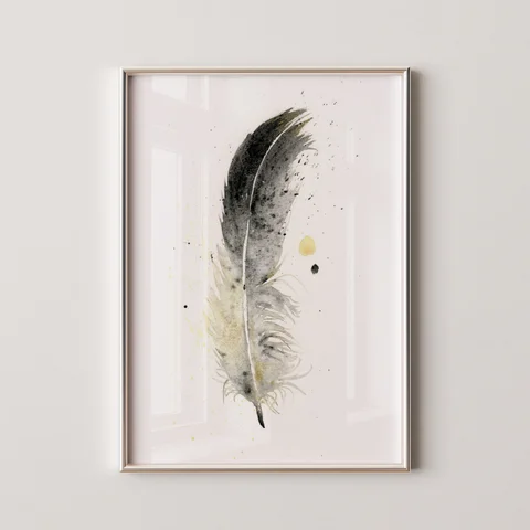 Image of a feather watercolor painting by Shayna Larsen, originals & prints available