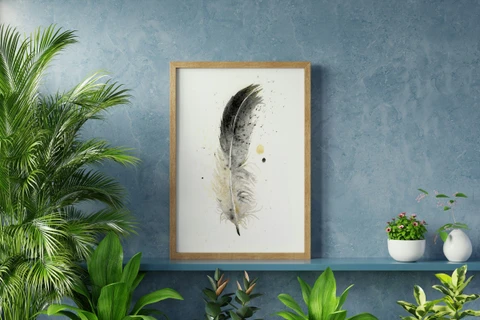 Image of a feather watercolor painting by Shayna Larsen, originals & prints available