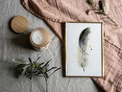 Image of a feather watercolor painting by Shayna Larsen, originals & prints available