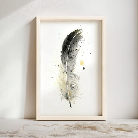 Image of a feather watercolor painting by Shayna Larsen, originals & prints available