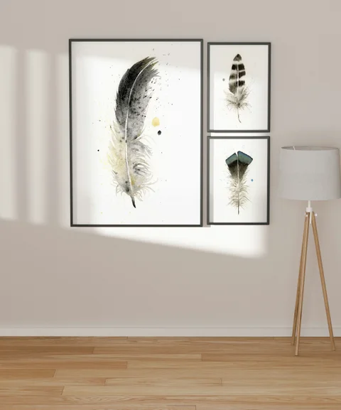 Image of a feather watercolor painting by Shayna Larsen, originals & prints available
