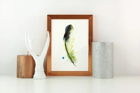 Image of a feather watercolor painting by Shayna Larsen, originals & prints available