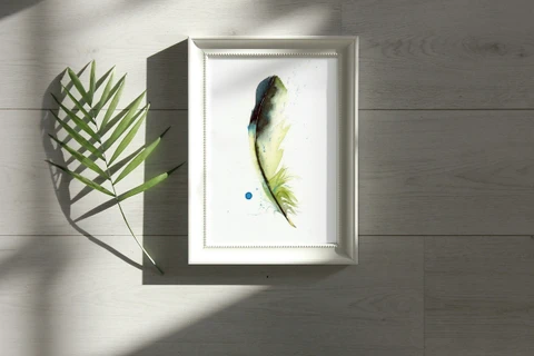 Image of a feather watercolor painting by Shayna Larsen, originals & prints available