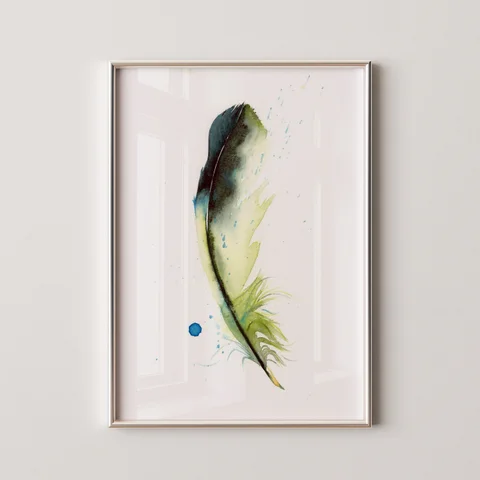 Image of a feather watercolor painting by Shayna Larsen, originals & prints available