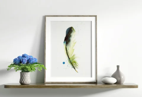 Image of a feather watercolor painting by Shayna Larsen, originals & prints available