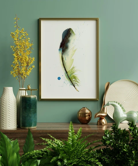 Image of a feather watercolor painting by Shayna Larsen, originals & prints available