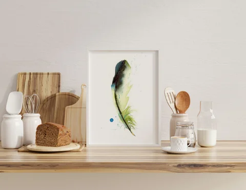 Image of a feather watercolor painting by Shayna Larsen, originals & prints available